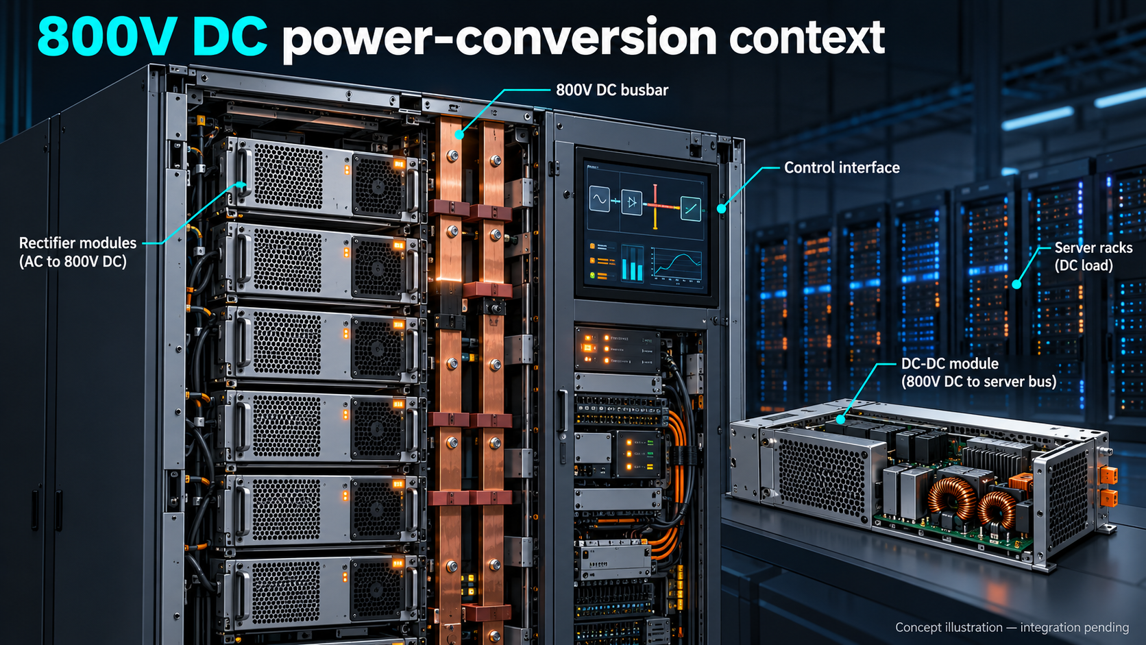 Generic unbranded rectifier and DC-DC power-conversion cabinet in an illustrative 800V DC data-center architecture, integration pending.