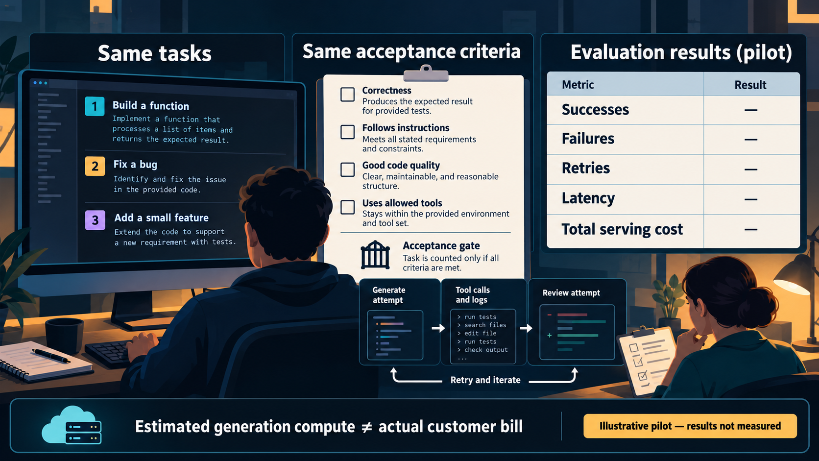 Controlled coding and agent pilot with identical tasks and criteria; successes, failures, retries, latency and total serving cost are unmeasured entries.