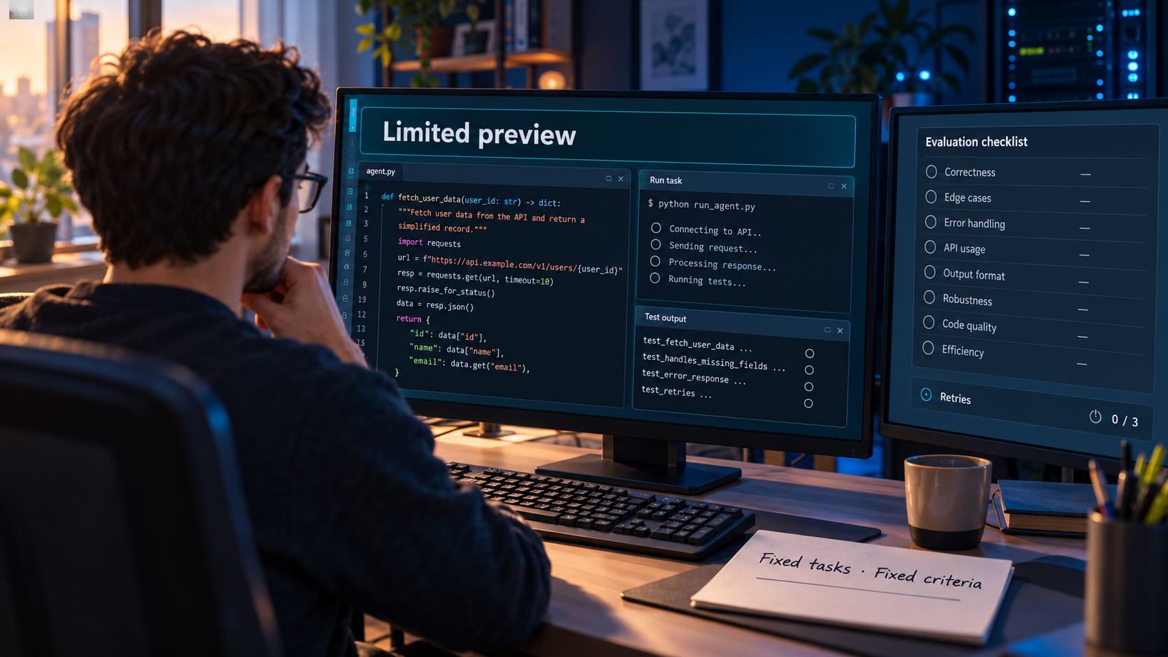 Developer evaluating generic coding and agent API tasks at a normal workstation under limited preview, with fixed tasks and acceptance criteria.