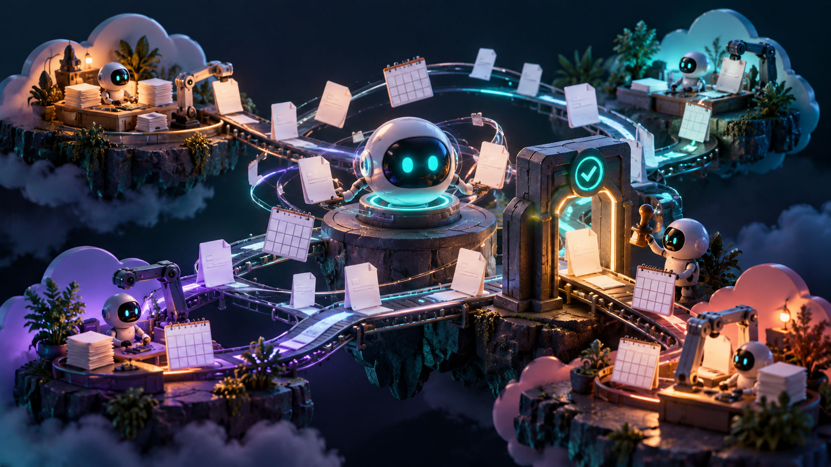 AI-generated conceptual illustration; not a photograph of the reported event. Concept illustration of persistent agents continuing assignments across cloud workspaces with approvals and read-only boundaries.