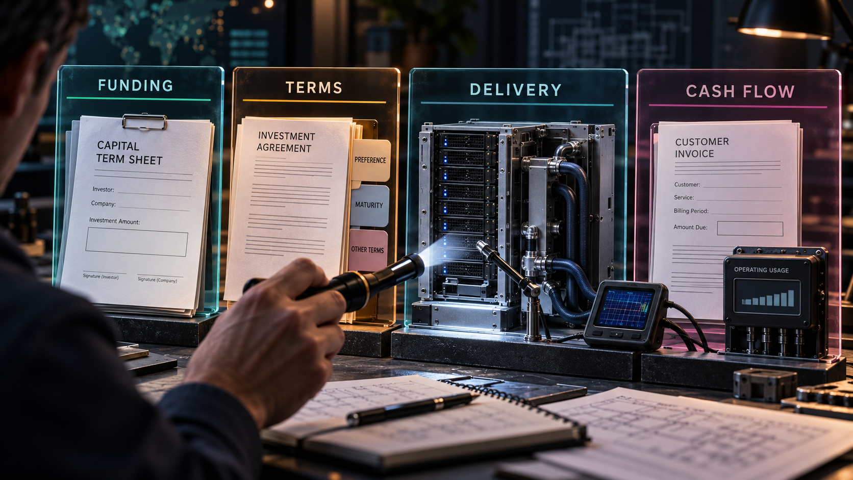 Conceptual review of funding amount, investor terms, server-module delivery and customer cash-flow evidence.