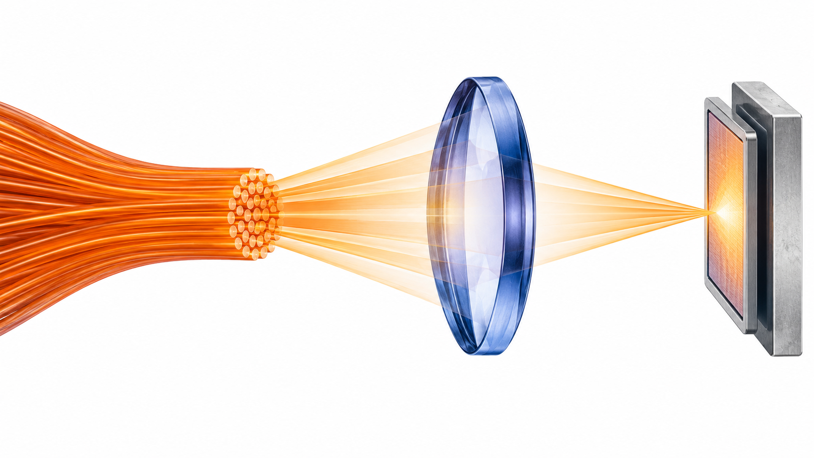 Original conceptual illustration: High key white scientific cutaway illustration, horizontal optical transmission cross section showing thin fibers, lens and receiving surface as separate elements. Orange fiber, indigo lens, silver receiver. Large clean shapes, flat technical print style with subtle material texture, no neon, no branded product or measured performance.