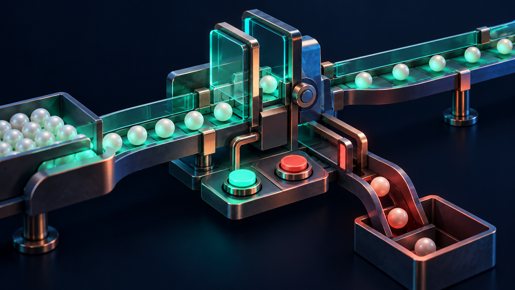 Concept illustration: Independent review gate on an outgoing task route with a detachable connection and finite-work counter represented by unmarked beads.