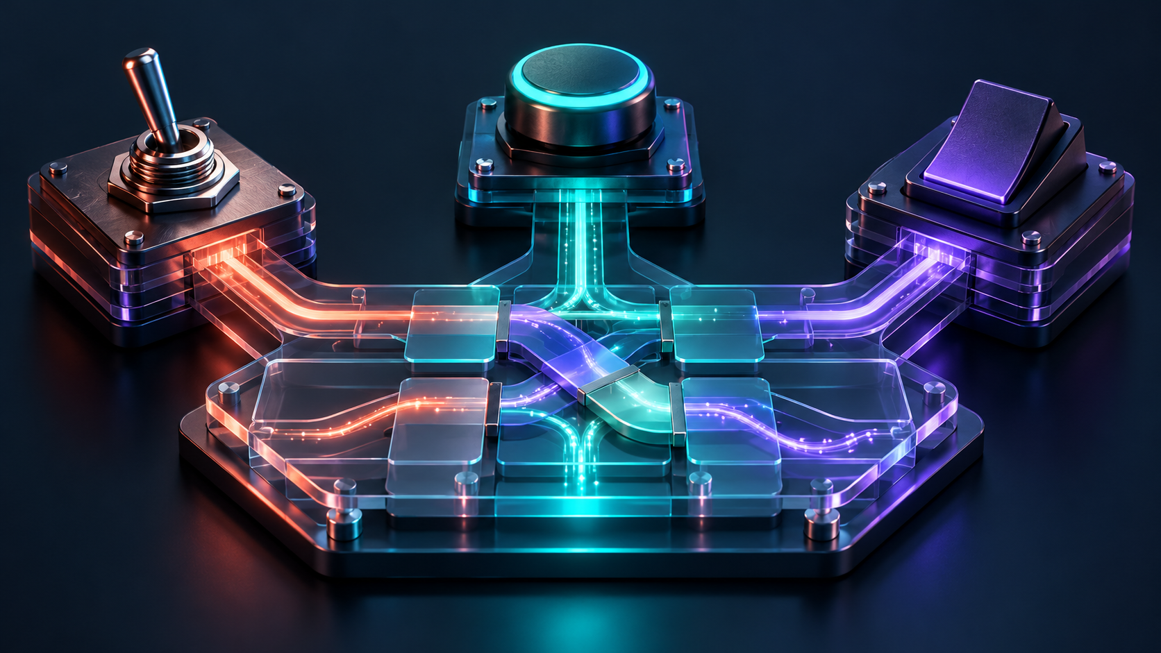 Concept illustration: Close three physically different switches connected through one shared transparent software layer, modular replaceable routing plane.