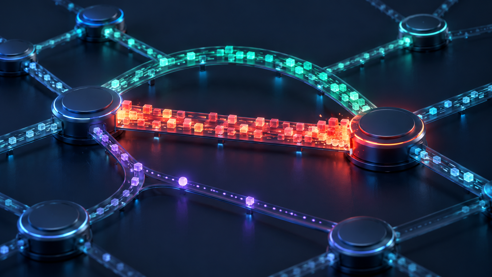 Concept illustration: A brief traffic burst concentrates at one link while a distinct alternate route and fine-grained probe remain visible.